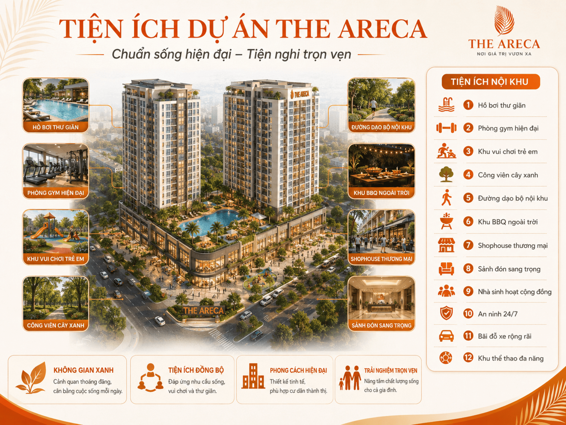 Hệ thống tiện ích nội khu xanh mát và hiện đại tại dự án căn hộ The Areca